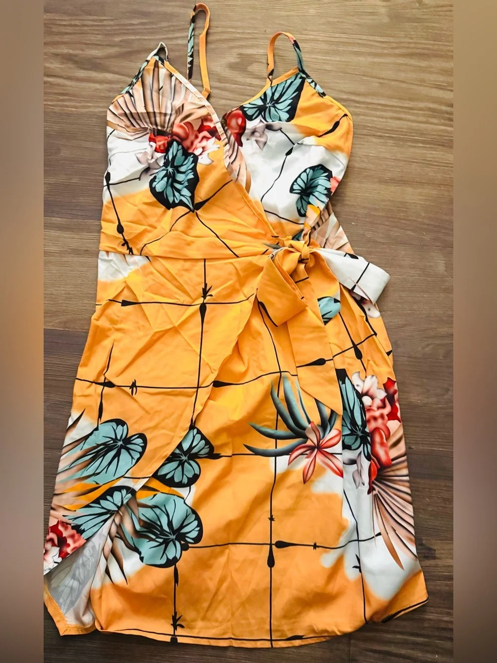 Floral Tie-Waist Orange Wrap Dress